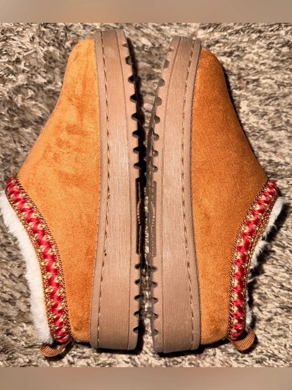 White Mountain Chestnut Faux-Suede Shearling Lined Slip-Ons with Red Trim